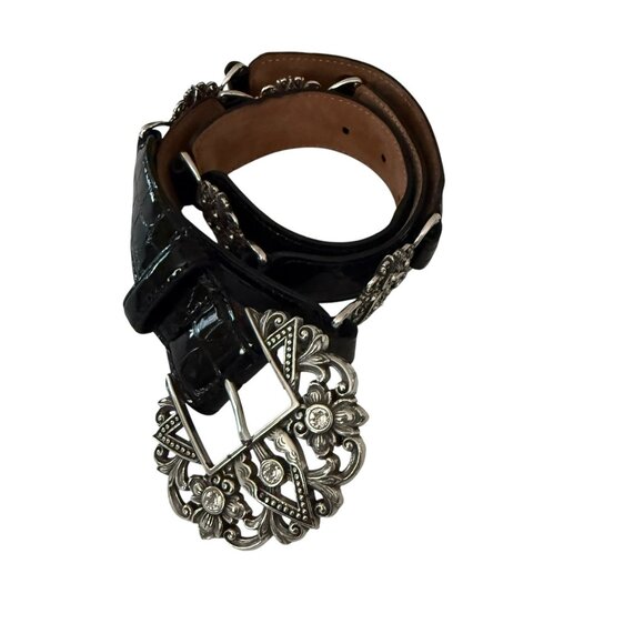 Vintage Brighton Empire Lace Black Croc Embossed Patent Leather Belt Crystals - Picture 2 of 16